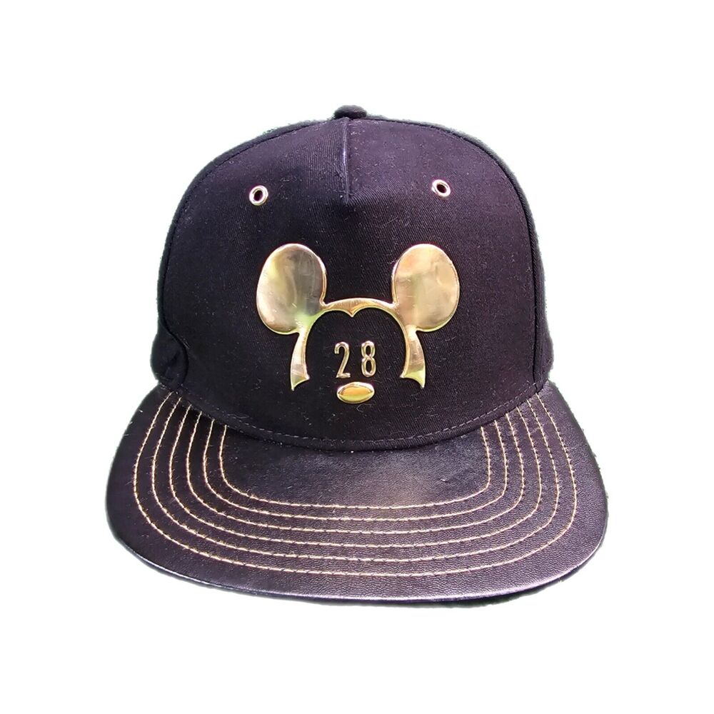 Disney Parks Black Hat Baseball Cap Gold Mickey Mouse 28 Millennial Faux Leather